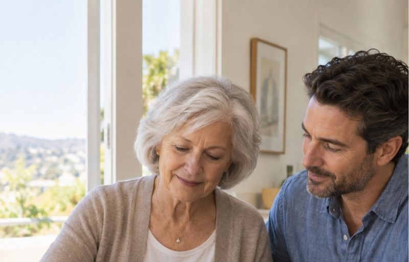 younger man sitting with older women looking at a list