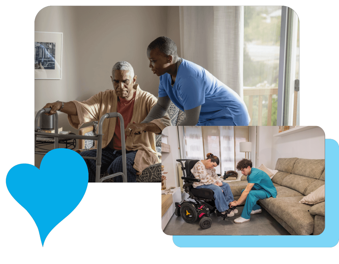 Caregivers speaking with older adults in their homes.