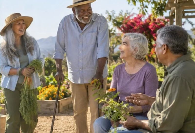 4 older adults socializing and laughing