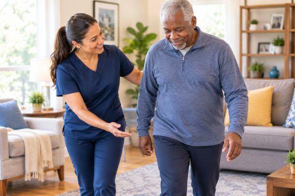 caregiver walking with elder man