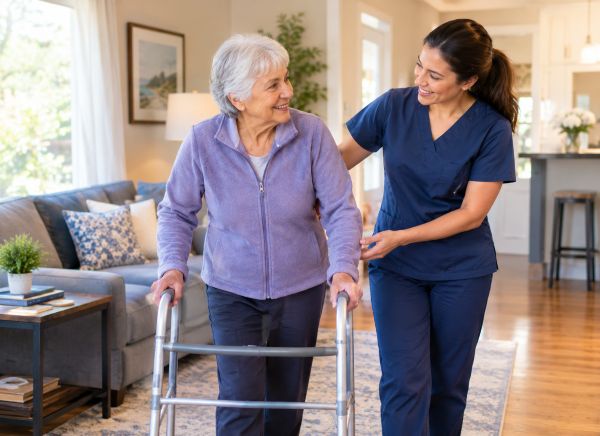 women walking through home with caregiver