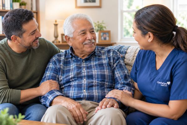 senior with son and caregiver