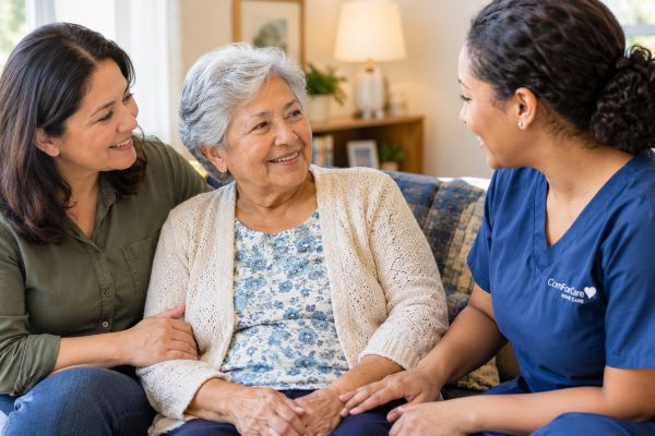 senior with daughter and caregiver