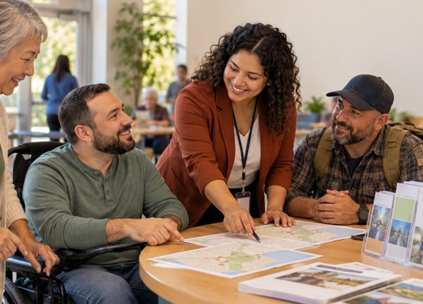 Diverse group using an accessible service directory with a community resource navigator.