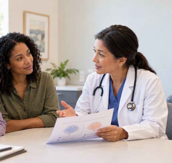 Older adult and family member asking a physician questions during a memory-health visit.