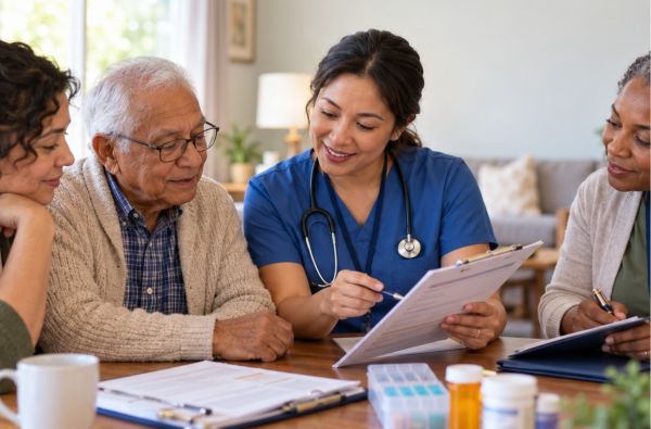 Older adult and family caregiver discussing a hospital-to-home plan with care professionals.