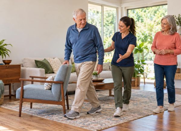 couple walking through room with caregiver