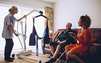 Nurse going over medical equipment with older man