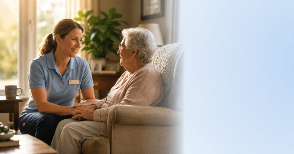 A ComforCare caregiver in a sky-blue polo gently holding the hands of an elderly woman seated in her home living room in Billerica, MA