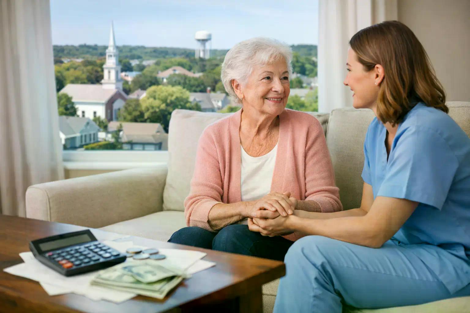 Caregiver discussing home care costs with an older adult in Marlborough, MA