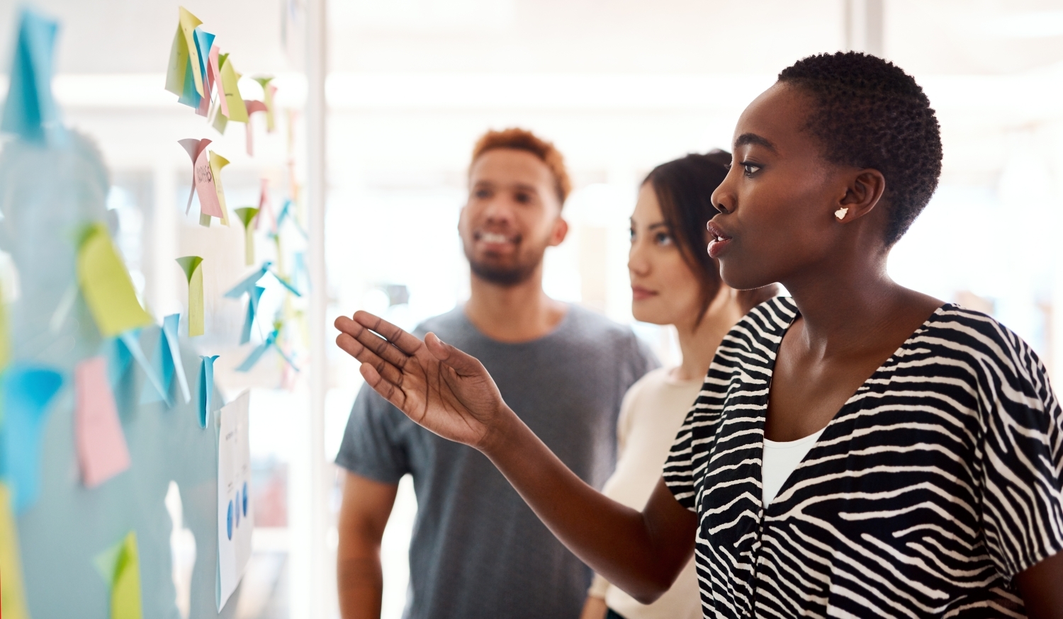 A lady reviewing a plan illustrated with sticky notes on a wall to 2 people.